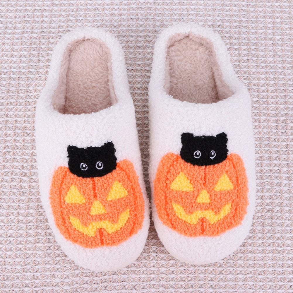2025 Halloween Pumpkin Fluffy Slippers – Cotton Plush Platform Slides for Women & Couples, Funny Indoor Designer Home Shoes