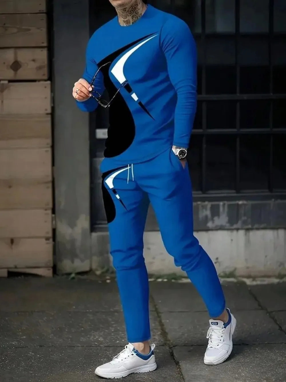 Men’s Summer Striped Patchwork Set – Breathable Round Neck Long Sleeve Top & Pants Outdoor Casual Outfit