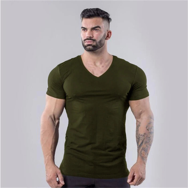 Men’s V-Neck Fitness T-Shirt – Solid Color Slim Fit Short Sleeve Gym Running Training Top
