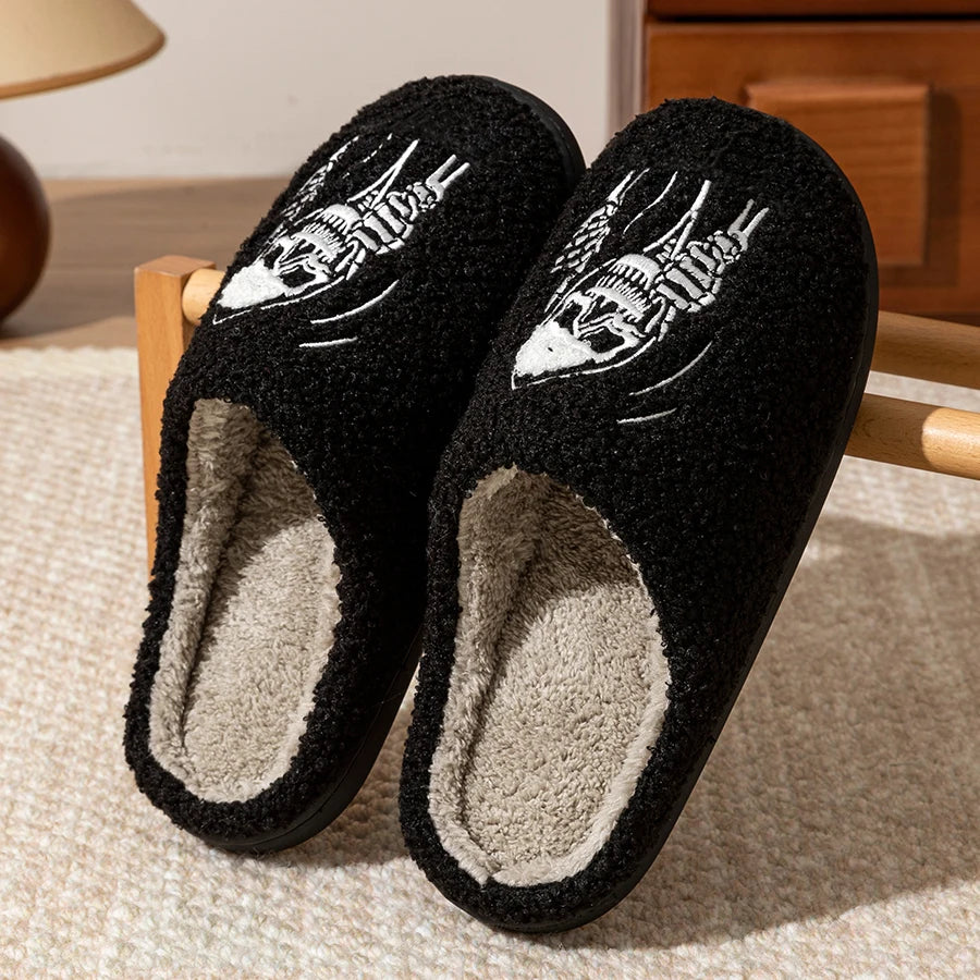 Halloween Skull Face Slippers – Funny Women’s Indoor Soft Plush Winter Cotton Shoes for Couples, Warm & Comfortable