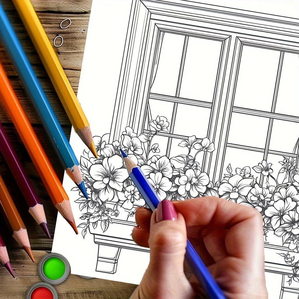 Dreamy Window Coloring Book – 28 Pages Adult Stress Relief & Relaxation Art Book