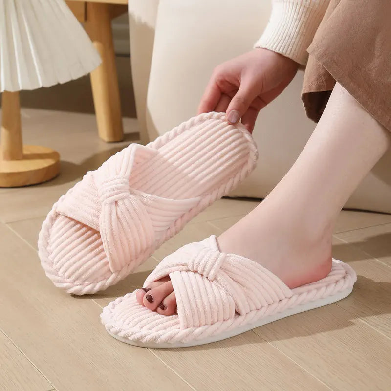 Women’s Corduroy Cross Strap Home Slippers – Open Toe Non-Slip Soft Cotton Indoor Shoes for Comfort & Style