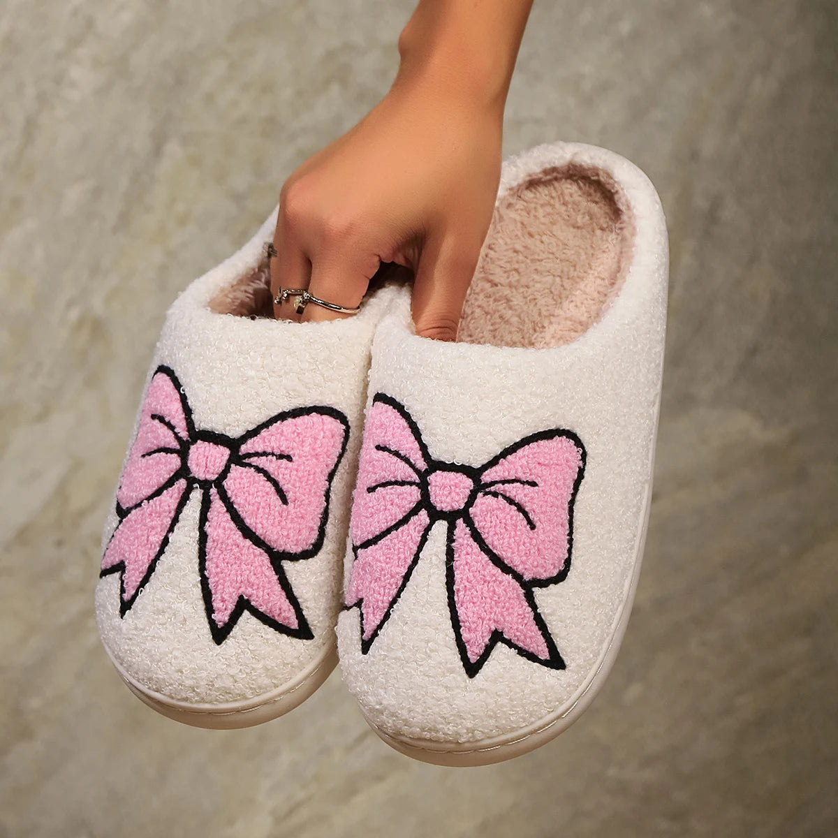 Women’s Warm Embroidered Bow Fluffy Slippers – Cute Slip-On House Shoes, Christmas & Valentine’s Day Gift