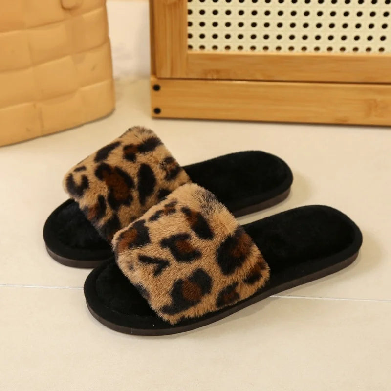Leopard Print Winter Slippers – Women’s Plush Fur Indoor Warm Anti-Slip Slides