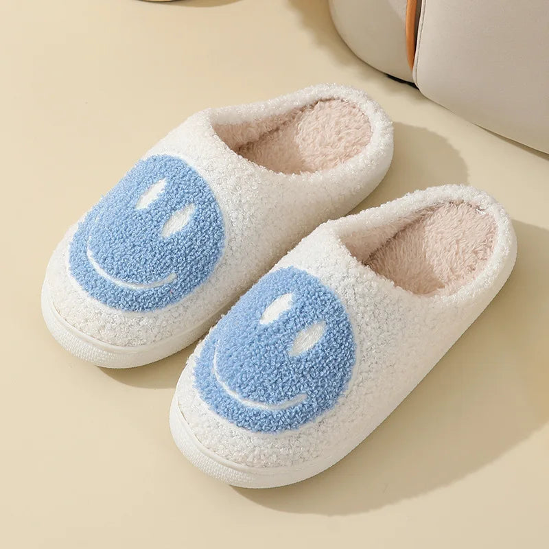 Smiley Face Fluffy Platform Slippers – Warm Plush Winter Indoor Shoes for Women & Men