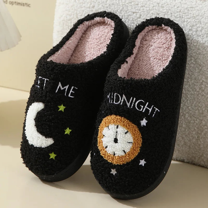 2025 Winter Moon & Clock Plush Cotton Slippers – Warm Non-Slip Indoor House Shoes for Men & Women