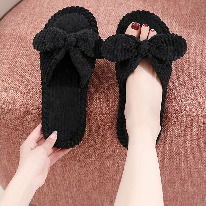 Women’s Bow Flat Heel Slippers – Non-Slip Open-Toe Soft Sole Slides for Home & All Seasons