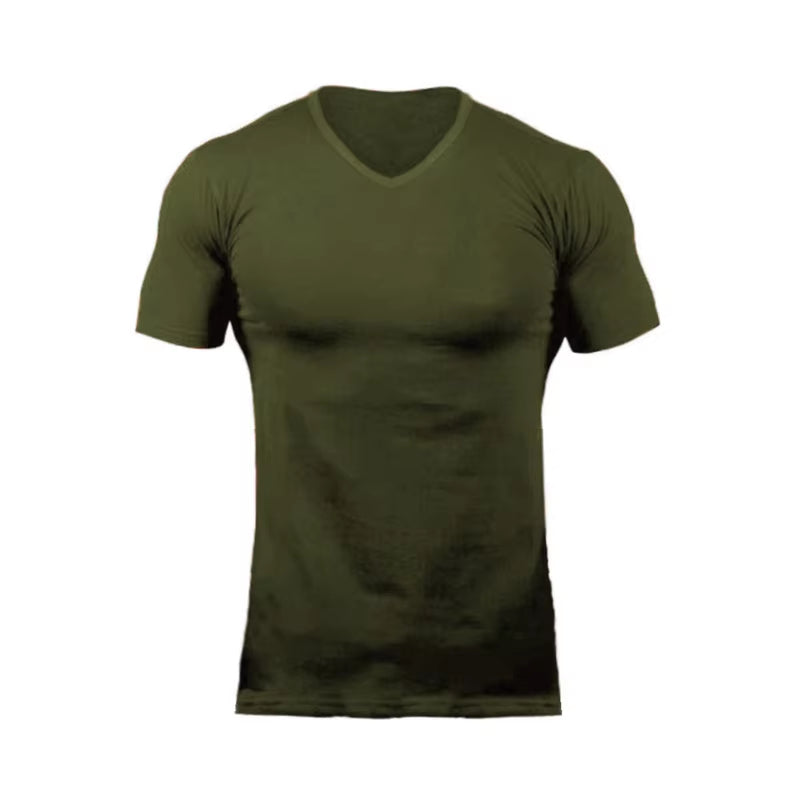 Men’s V-Neck Fitness T-Shirt – Solid Color Slim Fit Short Sleeve Gym Running Training Top