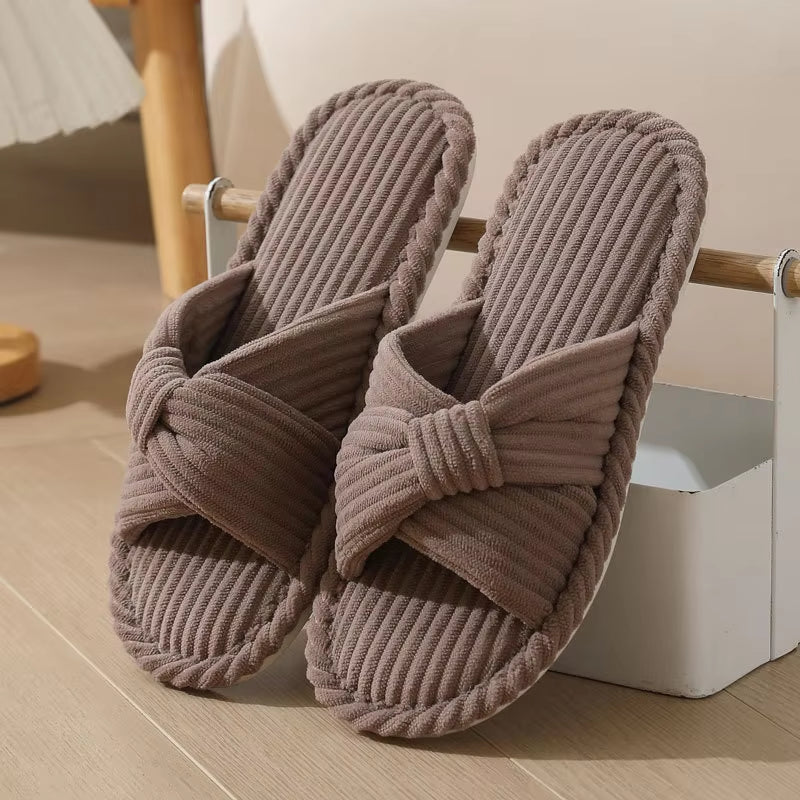 Women’s Corduroy Cross Strap Home Slippers – Open Toe Non-Slip Soft Cotton Indoor Shoes for Comfort & Style