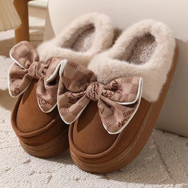 2025 Lovely Bowknot Platform Plush Slippers – Women’s Thick Sole Non-Slip Fur Winter Warm Home Cotton Slides