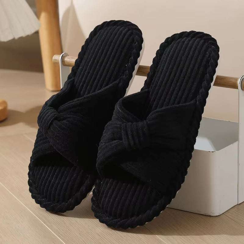 Women’s Corduroy Cross Strap Home Slippers – Open Toe Non-Slip Soft Cotton Indoor Shoes for Comfort & Style