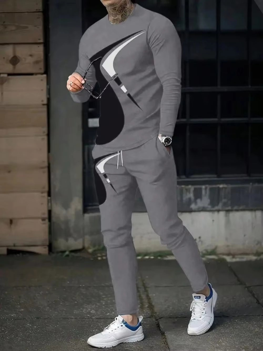 Men’s Summer Striped Patchwork Set – Breathable Round Neck Long Sleeve Top & Pants Outdoor Casual Outfit