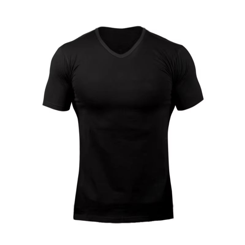 Men’s V-Neck Fitness T-Shirt – Solid Color Slim Fit Short Sleeve Gym Running Training Top