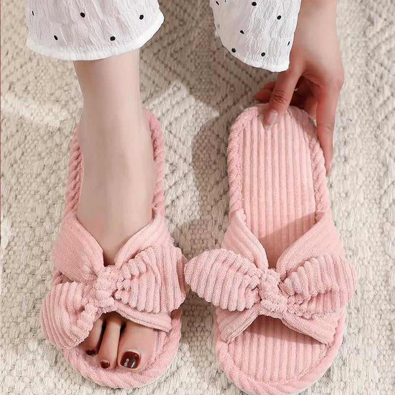 Women’s Bow Flat Heel Slippers – Non-Slip Open-Toe Soft Sole Slides for Home & All Seasons