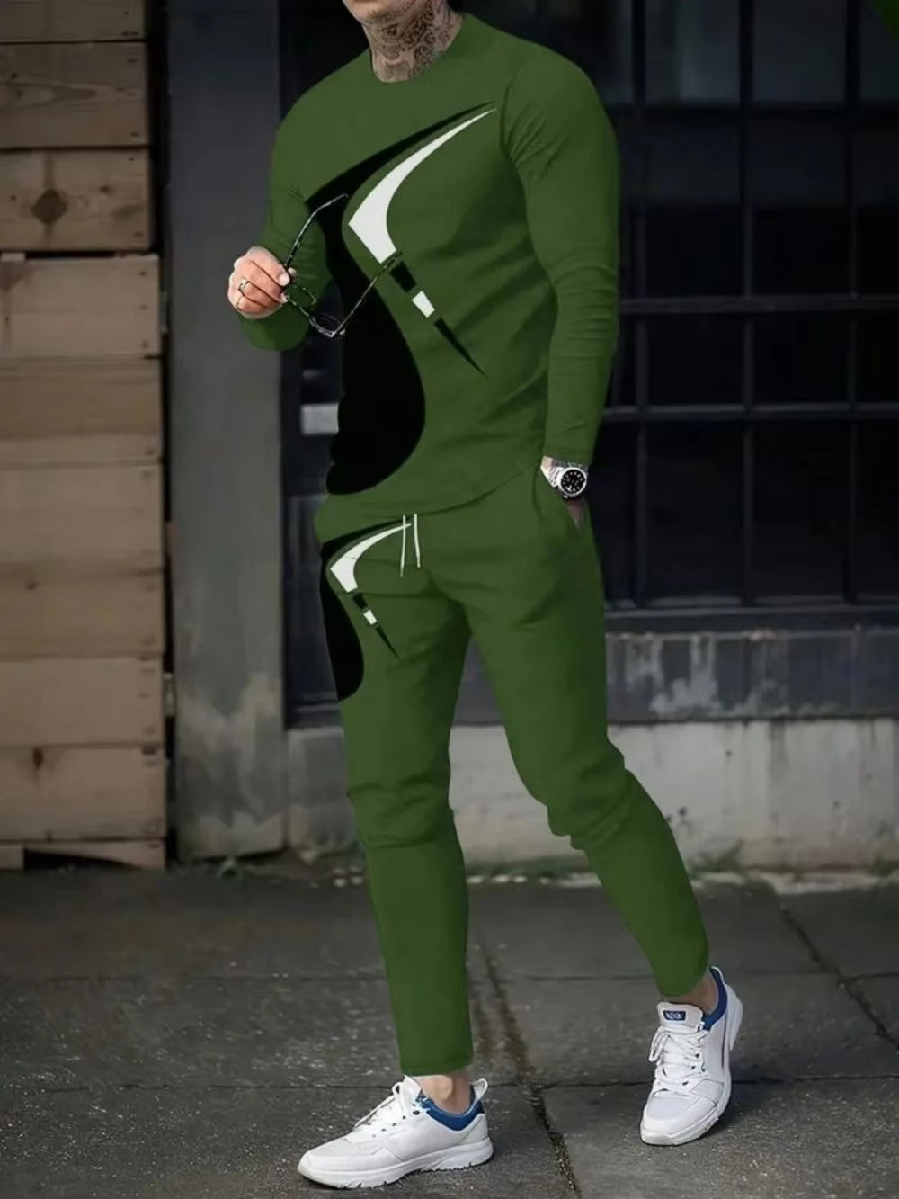 Men’s Summer Striped Patchwork Set – Breathable Round Neck Long Sleeve Top & Pants Outdoor Casual Outfit