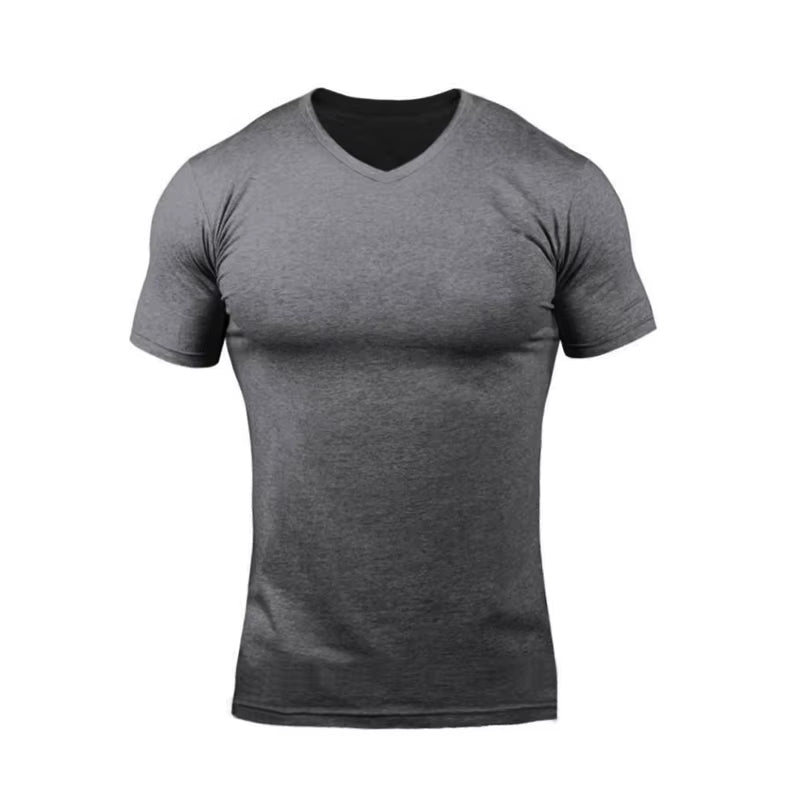 Men’s V-Neck Fitness T-Shirt – Solid Color Slim Fit Short Sleeve Gym Running Training Top