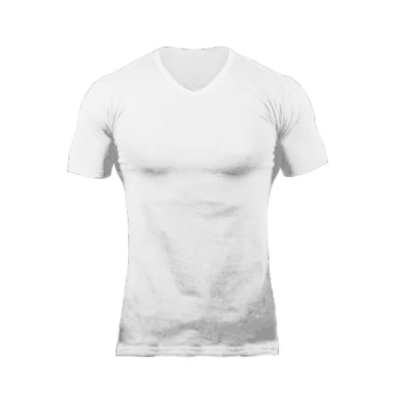 Men’s V-Neck Fitness T-Shirt – Solid Color Slim Fit Short Sleeve Gym Running Training Top
