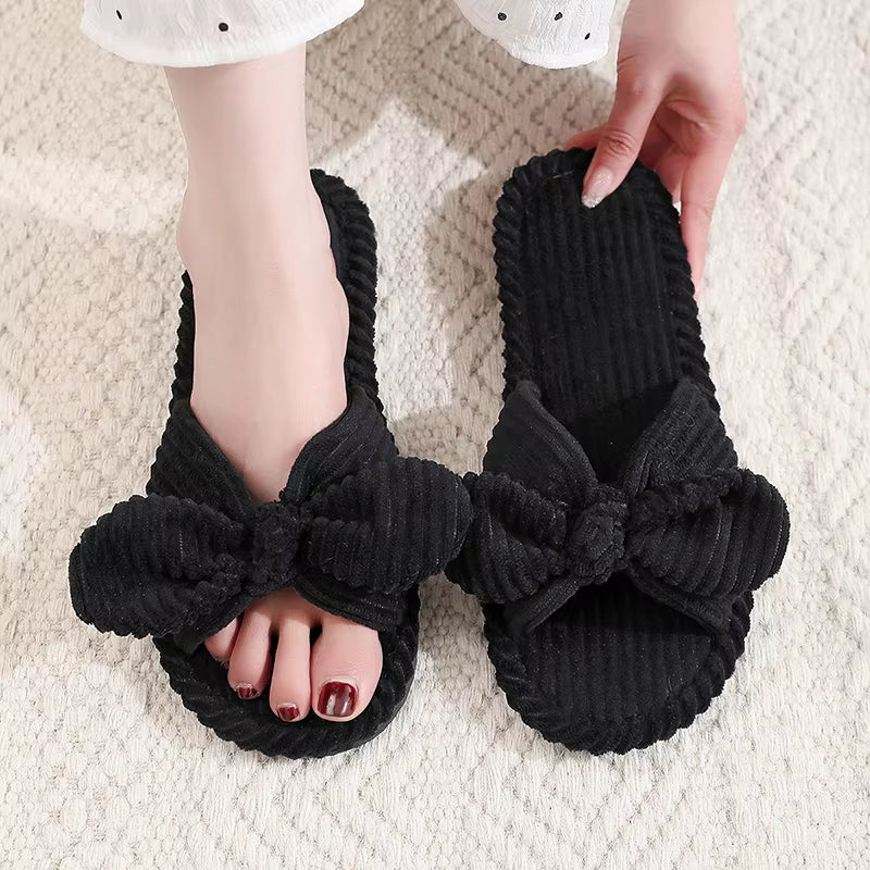Women’s Bow Flat Heel Slippers – Non-Slip Open-Toe Soft Sole Slides for Home & All Seasons