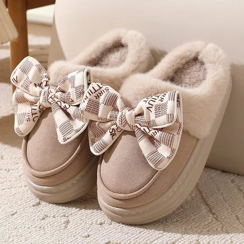 2025 Lovely Bowknot Platform Plush Slippers – Women’s Thick Sole Non-Slip Fur Winter Warm Home Cotton Slides
